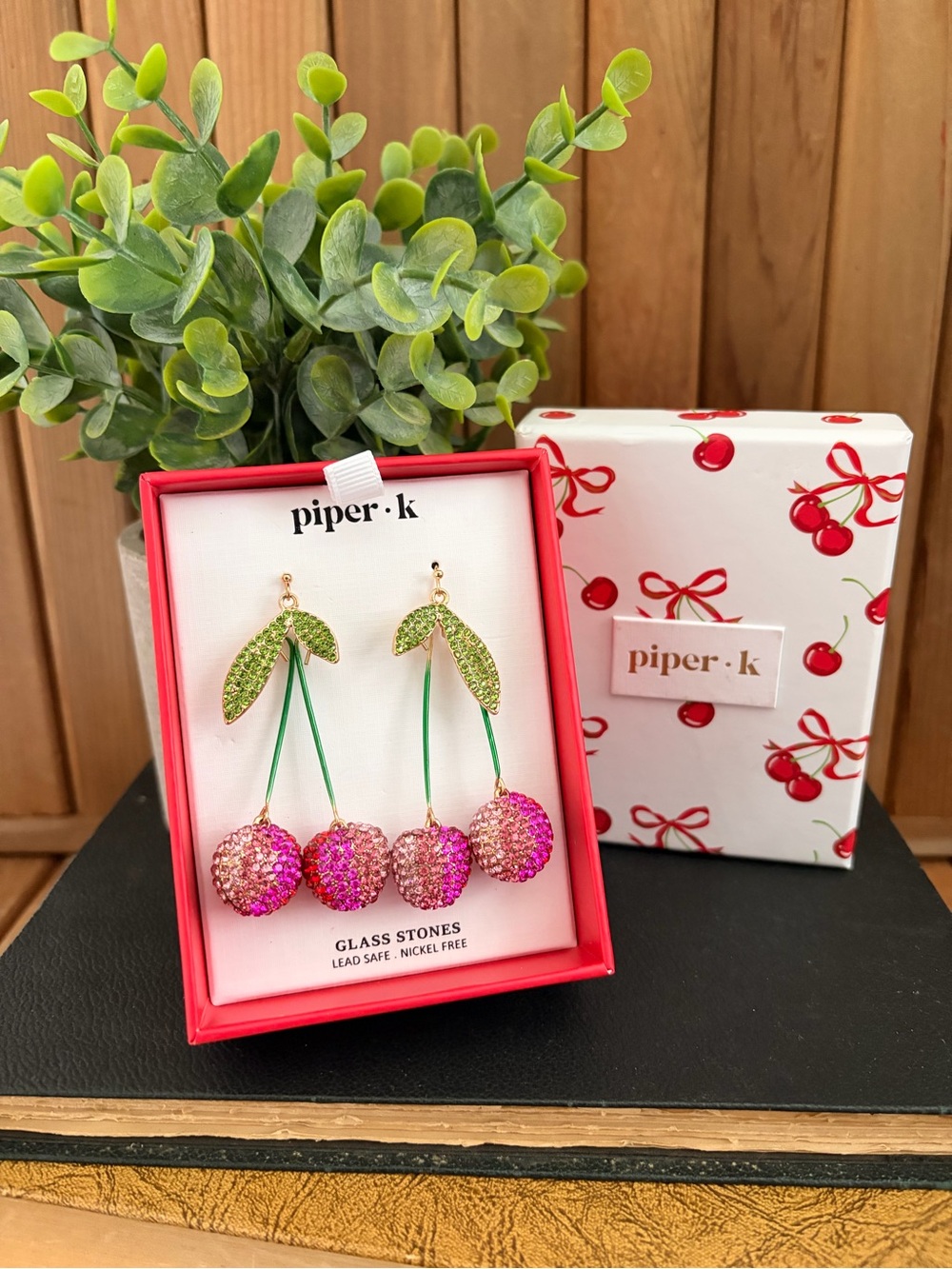Piper K Blush + Hot Pink Glass Beaded Cherry Drop Earrings, Crystal Green Leaves